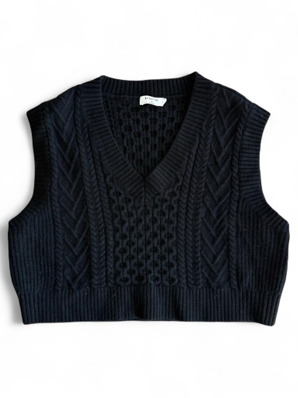 Babaton Black 100% Merino Wool Cable Knit V-Neck Sweater Semi Crop Vest Size M